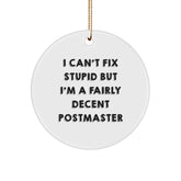 Funny Postmaster Gifts from Men for Friends - Circle Ornament with 'I Can't Fix Stupid But I'm A Fairly Decent Postmaster' Quote, Perfect for Christmas - Image 1